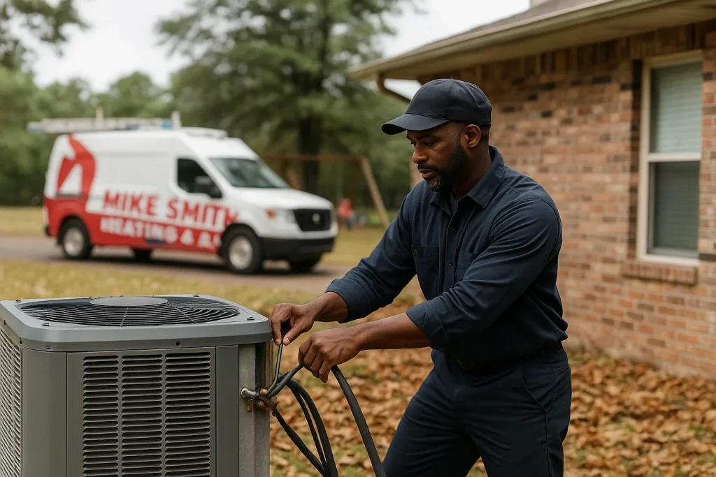 Technician performing fall HVAC tune-up on heat pump system in Louisiana