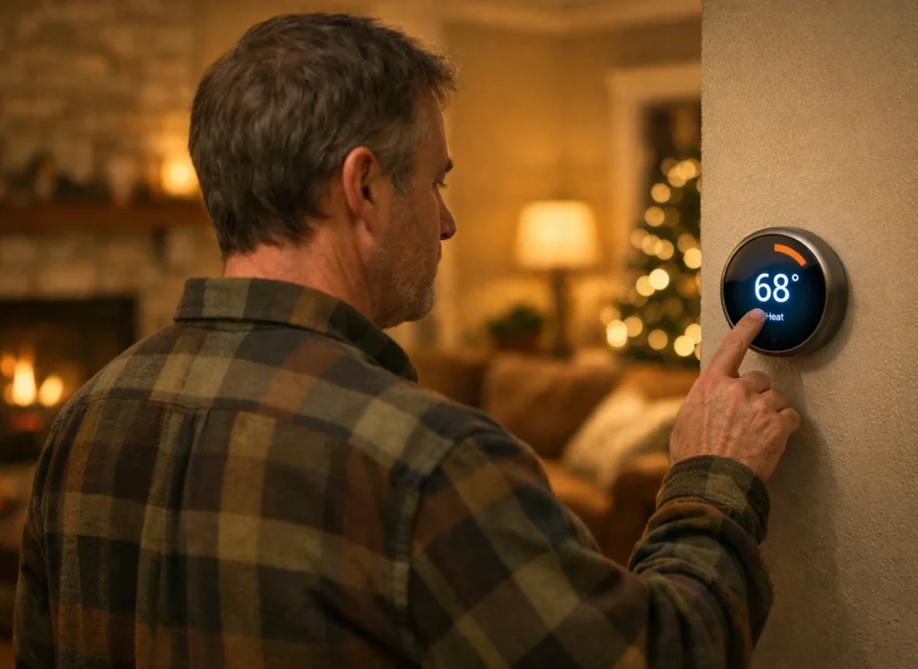 Homeowner adjusting smart thermostat to lower heating costs
