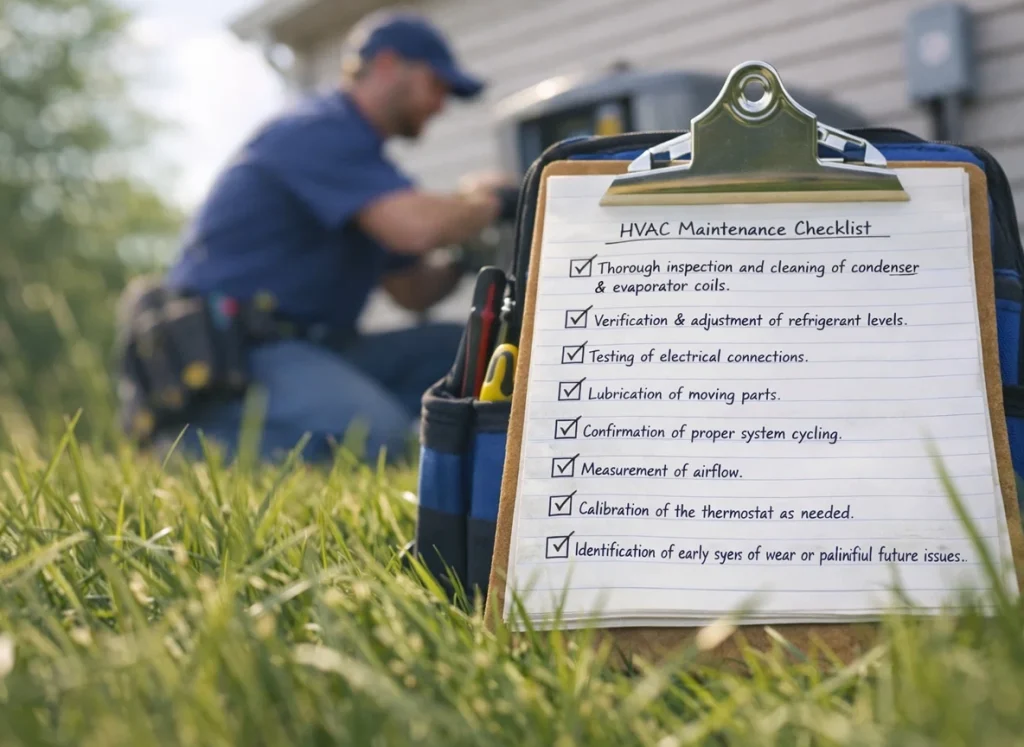 An HVAC maintenance checklist in the foreground and an HVAC technician working on an AC unit in the background.