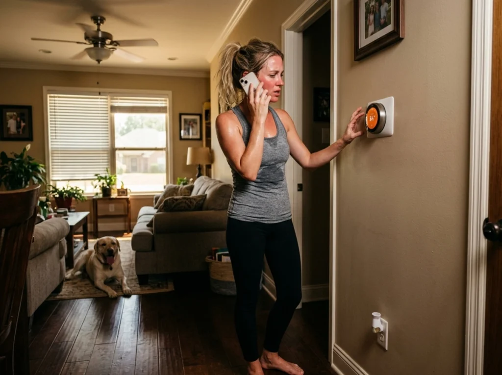A women trying to figure out why her AC isn't working during a heat wave.
