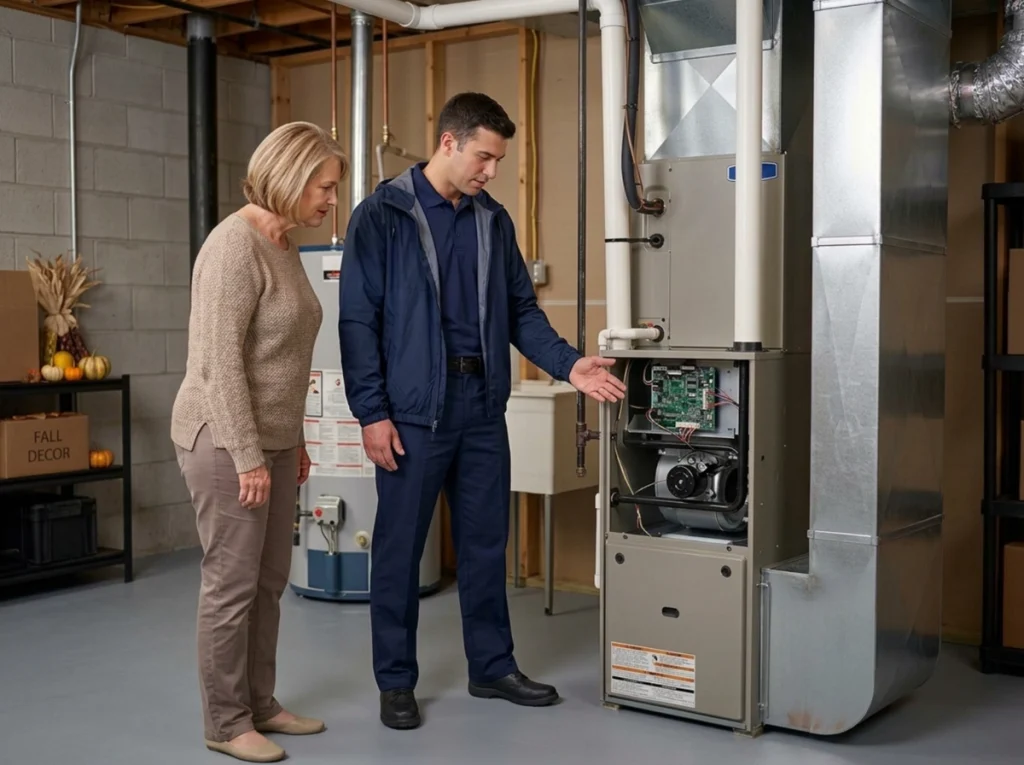 Sterlington homeowner discussing preseason heating maintenance with HVAC technician